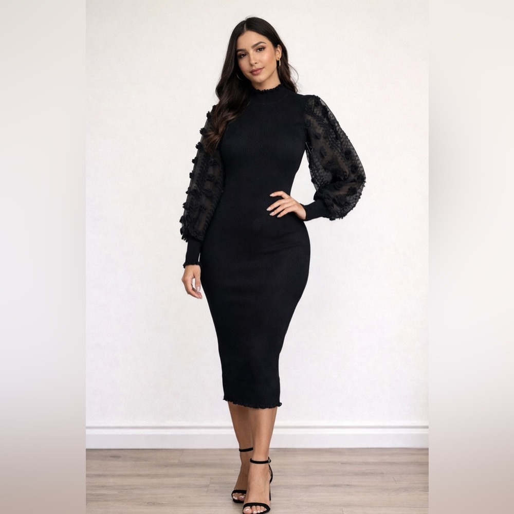 Almost Famous Black Dress with Textured Sleeves